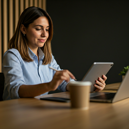 Empreendedora analisando dados em tablet num ambiente moderno de escritório envidraçado